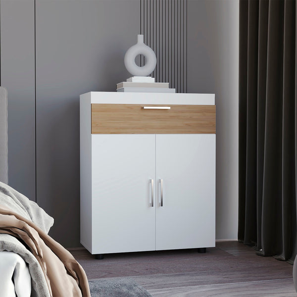 English Elm Belton Freestanding Shoe Cabinet with Double Doors and 5 Shelves, Concealed Storage for 12 Pairs, White Oak Finish B070P337105