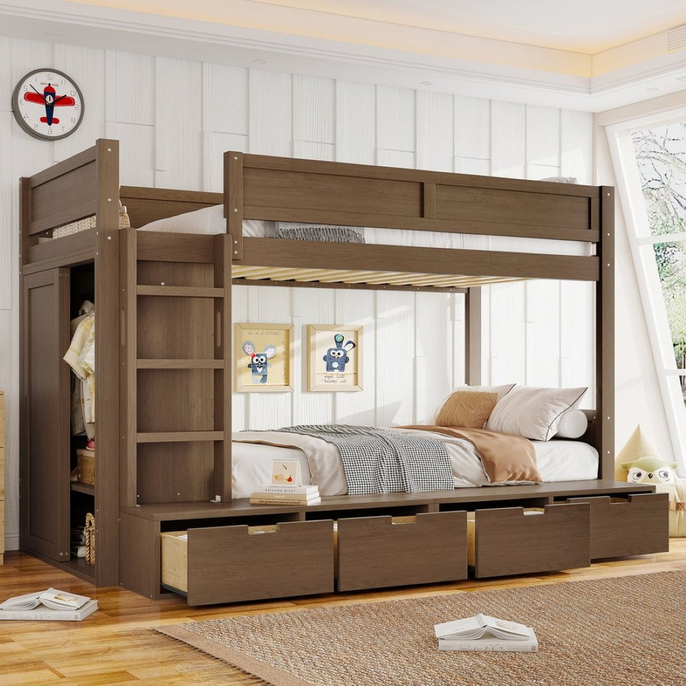 English Elm Twin Triple Bunk Bed Metal L-shaped Frame Sleeps Three Kids White Finish Brown W1580S00644
