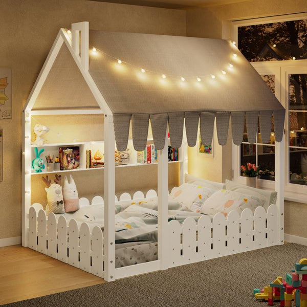 English Elm {slats Are Not Included} Twin Montessori House Floor Bed Kids Tent Lights Shelves Pinewood Frame White N708P407963K