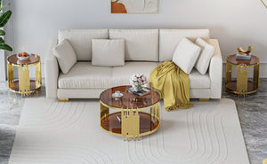 English Elm 31.5inch Modern Luxury Gold Coffee Table with Two-Tier Storage, Tempered Glass Top, Elegant Crown Design Dark Brown W1550P171485