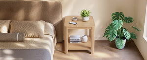 English Elm Rounded Square End Tables Set of 2 Boho Walnut with Wave Legs and Open Shelf W5563P449959