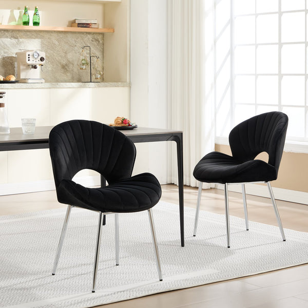 English Elm Modern Upholstered Dining Chair with Hollow Back, 21.6" Wide Velvet Seat and Silver Metal Legs, Set of 2 Black W1249P386229