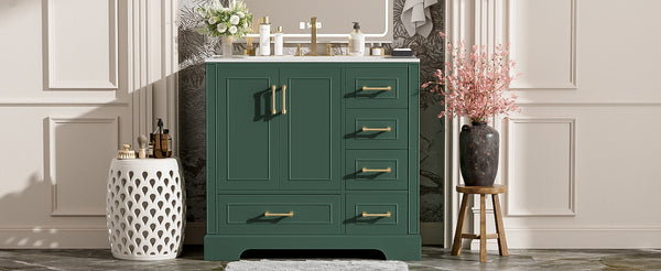 English Elm 36" Traditional Bathroom Vanity with Ceramic Sink, Solid Wood Cabinet, Soft-Close Doors & Drawers Green N729P251630F