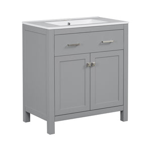 English Elm 30" Modern Bathroom Vanity with Ceramic Sink and Soft-Close Doors, Solid Wood MDF Build, Sleek Handles Gray N729P263155E