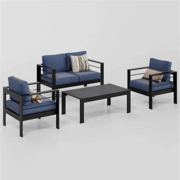 English Elm 4-piece Outdoor Cast Aluminum Conversation Set Resort Style Patio Seating with Wpc Table Blue B082S00093