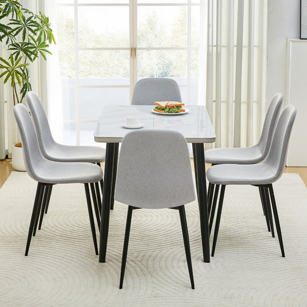 English Elm Table and Chair Set Marble Look Glass Top with Six Linen Seats for Modern Dining W1151S04627