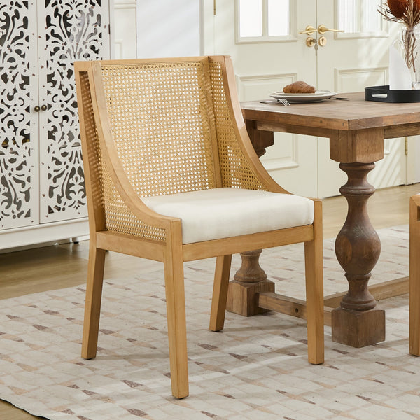 English Elm Rattan Solid Wood Dining Chair with Linen Seat and Decorative Armrests, Rustic Natural Finish Beige W1143P335052