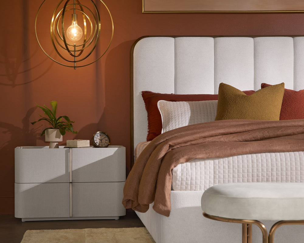 Sunpan Jamille Nightstand - Contemporary Cream Faux Leather Design with Oak Veneer Top and Brass Base Large - 34W x 18D x 22H