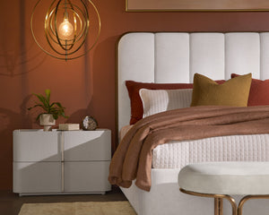 Sunpan Jamille Nightstand - Contemporary Cream Faux Leather Design with Oak Veneer Top and Brass Base Large - 34W x 18D x 22H