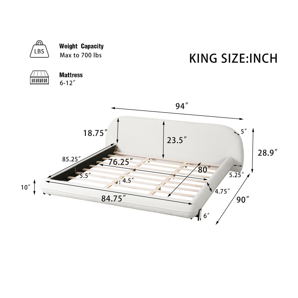 English Elm Christopher Knight Home® - King Boucle Upholstered Bed Frame King Size with Thick Curved Headboard, Solid Wood & Steel Support N757K283671W