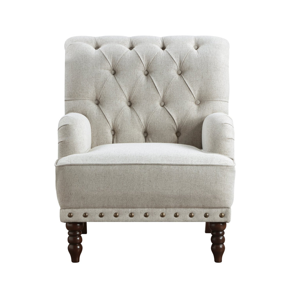 English Elm 1pc Beige Accent Chair – Button-Tufted Fabric, Nailhead Trim, Solid Wood Frame, Luxurious Living Room Seat B011P281844