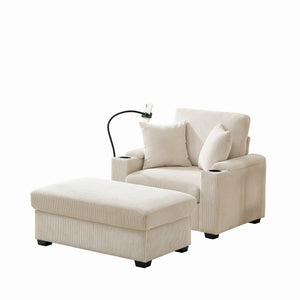 English Elm 55" Oversized Chaise Lounge Chair With Ottoman & Storage - Cozy Corduroy Recliner With Usb Port & Cup Holder W3373P328964