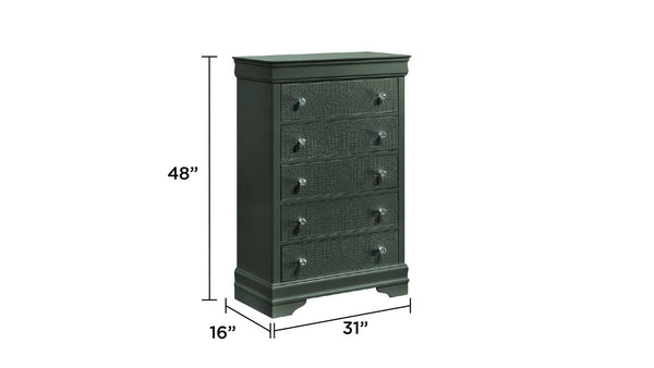 English Elm Blaze Modern 5-Drawer Chest In Metallic Gray With Velvet-Lined Top Drawer & Crystal Knobs For Style B009P286645