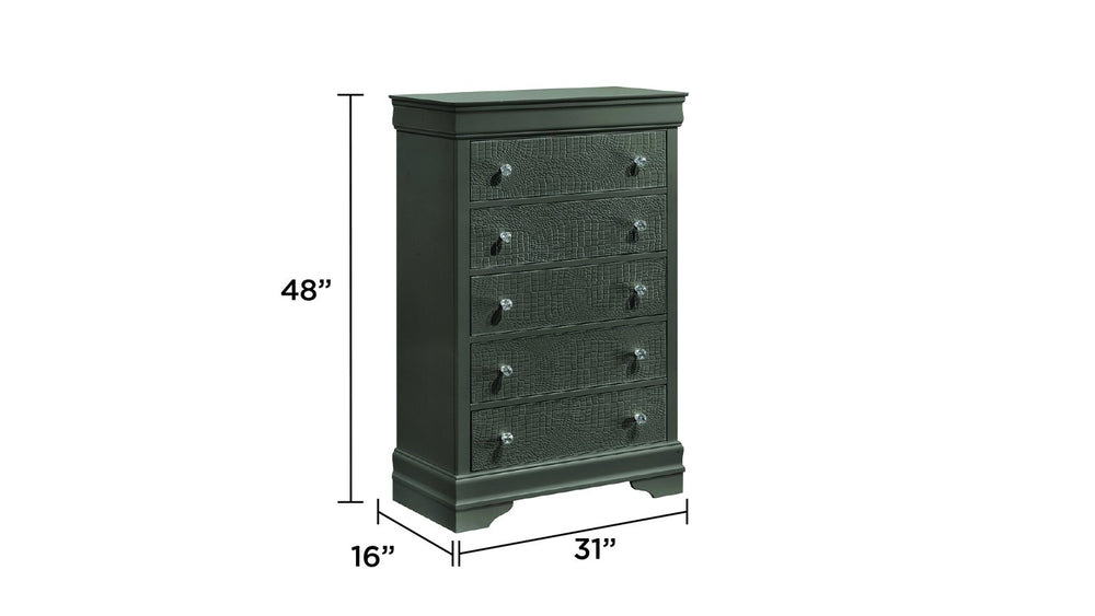 English Elm Blaze Modern 5-Drawer Chest In Metallic Gray - Stylish Storage With Velvet Lined Drawer & Knobs G150108705