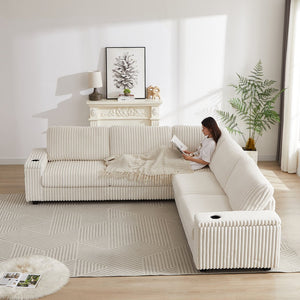 English Elm 110-Inch Oversized Corduroy Corner Sofa with Storage, USB & Cup Holders, Deep Plush Seating Comfort Beige W834S00284
