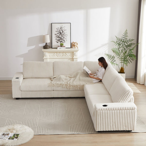 English Elm 110-Inch Oversized Corduroy Corner Sofa with Storage, USB & Cup Holders, Deep Plush Seating Comfort Beige W834S00284