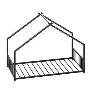 English Elm Twin iron roof bed frame with LED light strips for kids, sturdy 350lb capacity, easy 30-min assembly Black W1820P308329