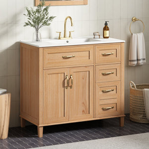 English Elm [video] 36 Inch Freestanding Bathroom Vanity with Ceramic Sink and Soft Close Storage N759P395344N