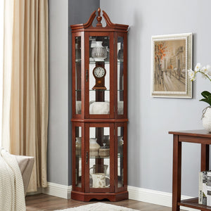 English Elm Walnut Corner Display Cabinet with Mirrored Back Lit Glass Shelves for Living Room W1693P176659