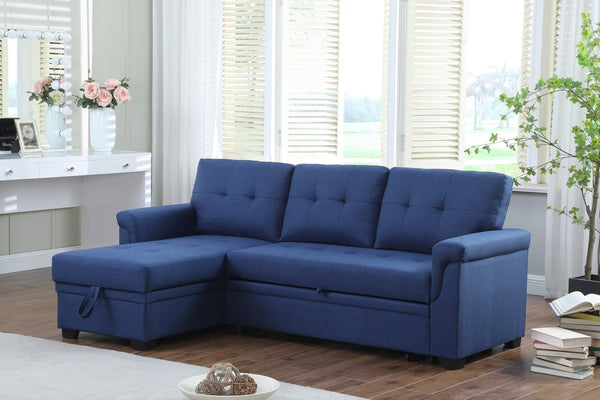 English Elm Jardin Reversible L-shaped Sectional Sleeper Sofa with Chaise Storage and Tufted Fabric Blue B2749S00007