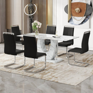 English Elm Table And Chair Set - Modern Marble Pattern Dining Set With 6 Comfortable Black Pu Chairs, 71"X35.4" W1151S02116-GIGA