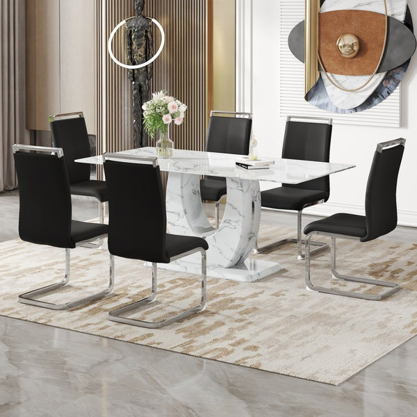 English Elm Table And Chair Set - Modern Marble Pattern Dining Set With 6 Comfortable Black Pu Chairs, 71"X35.4" W1151S02116-GIGA