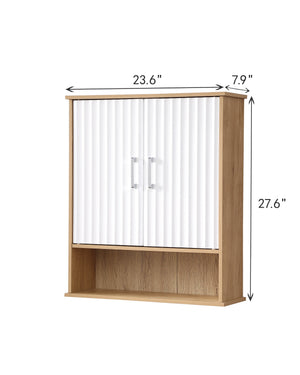 English Elm Bathroom Wall Cabinet White & Natural Wood with Wavy Doors, Adjustable Shelf, Bottom Storage, Easy Install W3151P288945