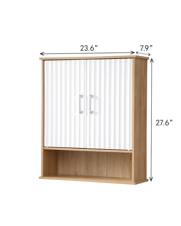 English Elm Bathroom Wall Cabinet White & Natural Wood with Wavy Doors, Adjustable Shelf, Bottom Storage, Easy Install W3151P288945