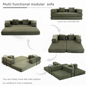 English Elm Full Foam Modular Sofa Bed Corduroy Upholstered Convertible Lounger for Studio Apartments Green W3326P450805
