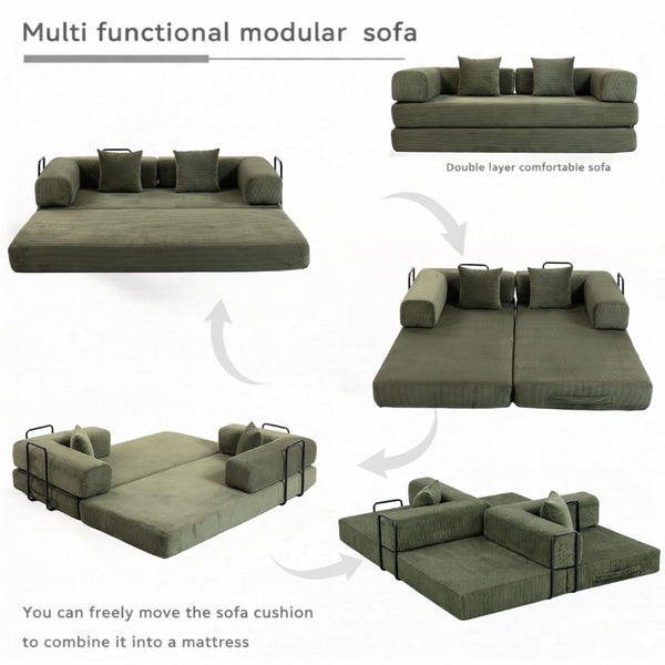 English Elm Full Foam Modular Sofa Bed Corduroy Upholstered Convertible Lounger for Studio Apartments Green W3326P450805
