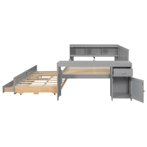English Elm Full Size Pine Wood Platform Daybed with Led Headboard Desk Storage and Charging Gray N7090000475E-1