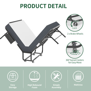 English Elm 75" Folding Bed with Adjustable Headboard, 5" Memory Foam, 450lb Capacity, Space-Saving Rollaway Twin on Wheels T2398P403867