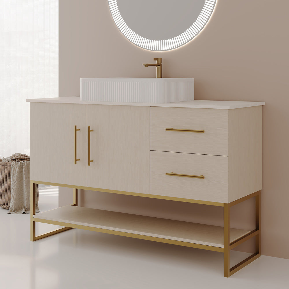 English Elm 47.2" Modern Bathroom Vanity with Ceramic Vessel Sink, Gold Accents, Wood Cabinet, Drawers & Shelf W3136S00027