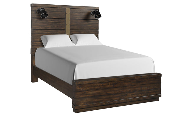 English Elm King Industrial Farmhouse Bed with Built-In Bluetooth Speakers, USB Charging and LED Reading Lights Brown 84 L x 48 W x 12.5 H B2699S00036