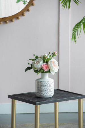 English Elm D5.9x7.9" Ceramic White Vase with Gold Trim and Geometric Triangle Pattern — Modern Curved Neck Accent centerpiece home décor elegant display W2078P391145