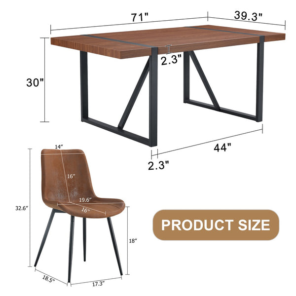 English Elm Table and Chair Set Industrial Walnut Six Seat Dining with Metal Frame Brown Fabric W1151S02436