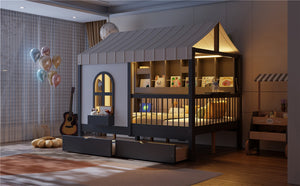 English Elm Full Size Kids House Bed with Led Bookshelf Storage Drawers and Charging Station Gray LP000378AAE