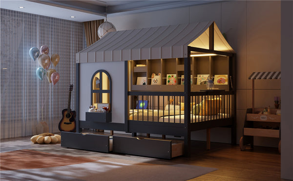 English Elm Full Size Kids House Bed with Led Bookshelf Storage Drawers and Charging Station Gray LP000378AAE