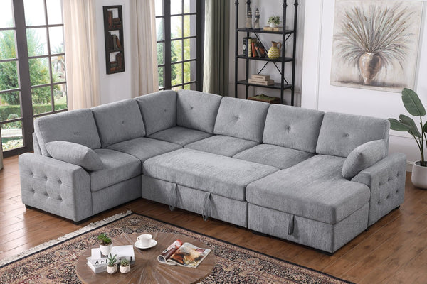 English Elm Multi Functional L Shaped Sectional Sofa with Sleeper and Hidden Storage Chaise Light Gray B2730S00056