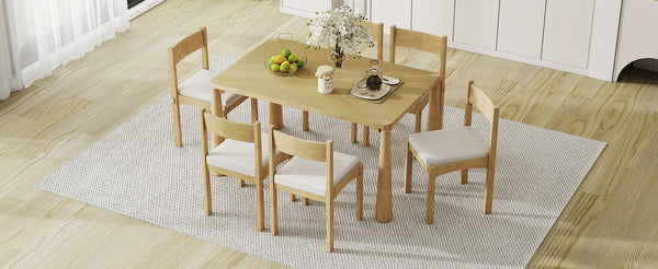 English Elm TREXM 7-Piece Retro Dining Set for 6 with Upholstered Chairs, Diagonal Wood Tabletop Design Natural Wood Wash ST000142AAD
