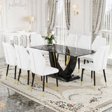 English Elm Black Marble Pattern Tempered Glass Dining Set - 71"X35.4" With 8 White Pu Chairs With A Widened Backrest Design.