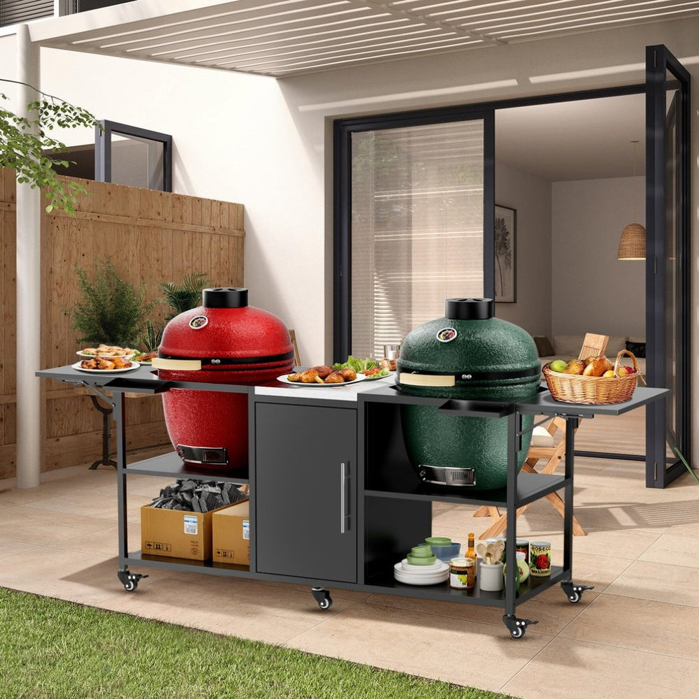 English Elm Outdoor Dual Kamado Grill Cart with Stainless Steel Top Iron Frame and Storage Cabinet W3190P328545