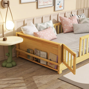 English Elm Twin Size Floor Bed With Book Rack & Fenced Door For Cozy Playtime, Natural Finish Design & Assembly W504P345771-GIGA