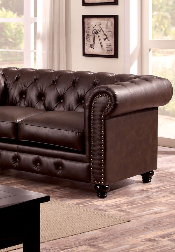 English Elm Contemporary Button-Tufted Loveseat with Nailhead Trim and Rolled Arms in Leatherette, Chic Design Brown 68 L x 30 W x 38 H B2741P322611