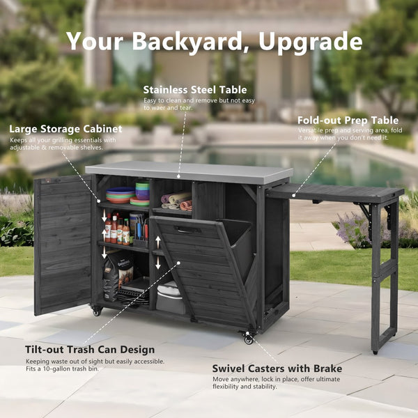 English Elm K&k Outdoor Rolling Kitchen Island Fir Wood Stainless Steel Top with Foldable Prep Station Black N707P370276B