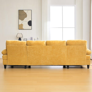 English Elm U-shaped Chenille Sectional Sofa with Dual Chaise Lounges, Tufted Back, Storage Pockets & Pillows Yellow N719S002040L