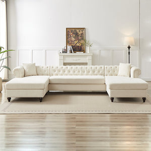 English Elm 135.5-inch Modern Chenille U-Shaped Sectional Sofa with Dual Chaise, Pull-Point Detail, Pillows, Wooden Legs Beige W1926S00045