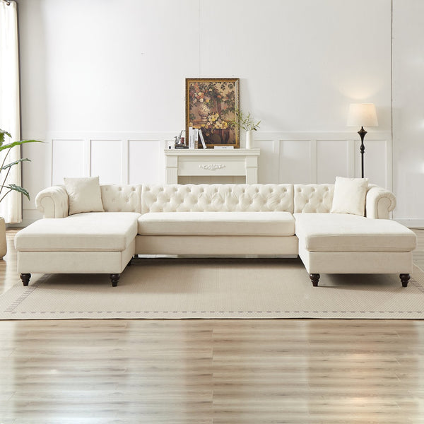 English Elm 135.5-inch Modern Chenille U-Shaped Sectional Sofa with Dual Chaise, Pull-Point Detail, Pillows, Wooden Legs Beige W1926S00045