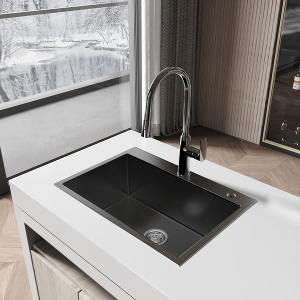 English Elm Stainless Handmade Single Bowl Overmount Kitchen Sink Deep Basin Black Satin Finish T3177P286026
