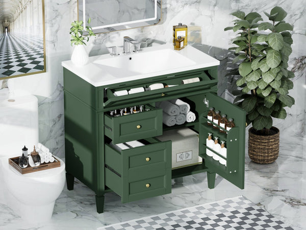 English Elm 36'' Modern Bathroom Vanity With Top Sink, 3 Drawers, Roman Legs & Adjustable Shelving For Storage SW000119AAF-2